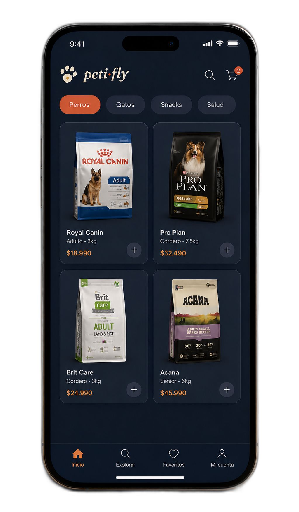 App Petifly mostrando catálogo de productos para mascotas